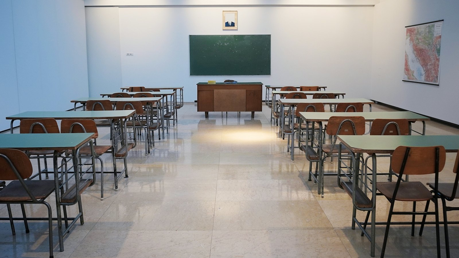 Exam room with rows of desks
